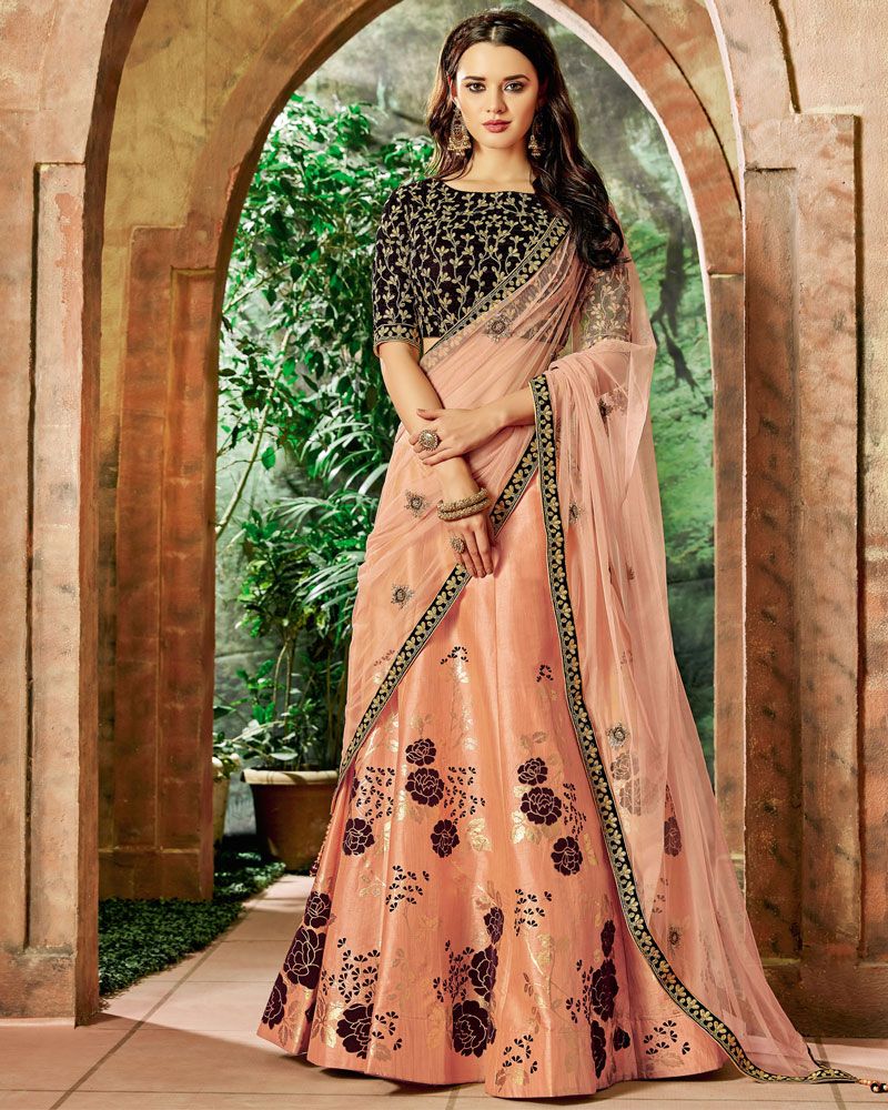 Buy Peach Silk Embroidery Daisy And Pearl Embellished Bridal Lehenga Set  For Women by Shian Online at Aza Fashions.