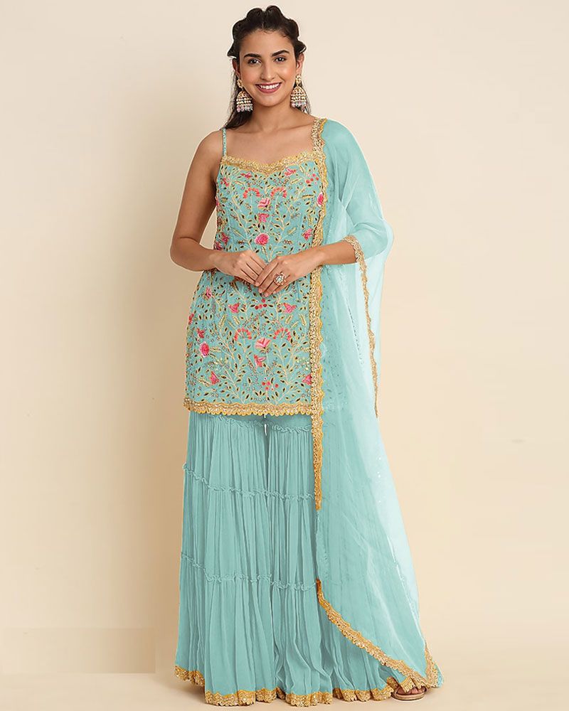 Look Beautiful Sky Blue Color Embroidery Sequins Work Sharara Suit
