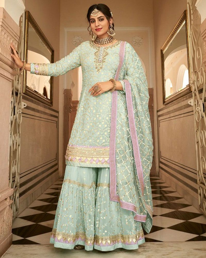 Teal Blue Pure Georgette Bollywood Sharara Suit For Wedding – tapee.in
