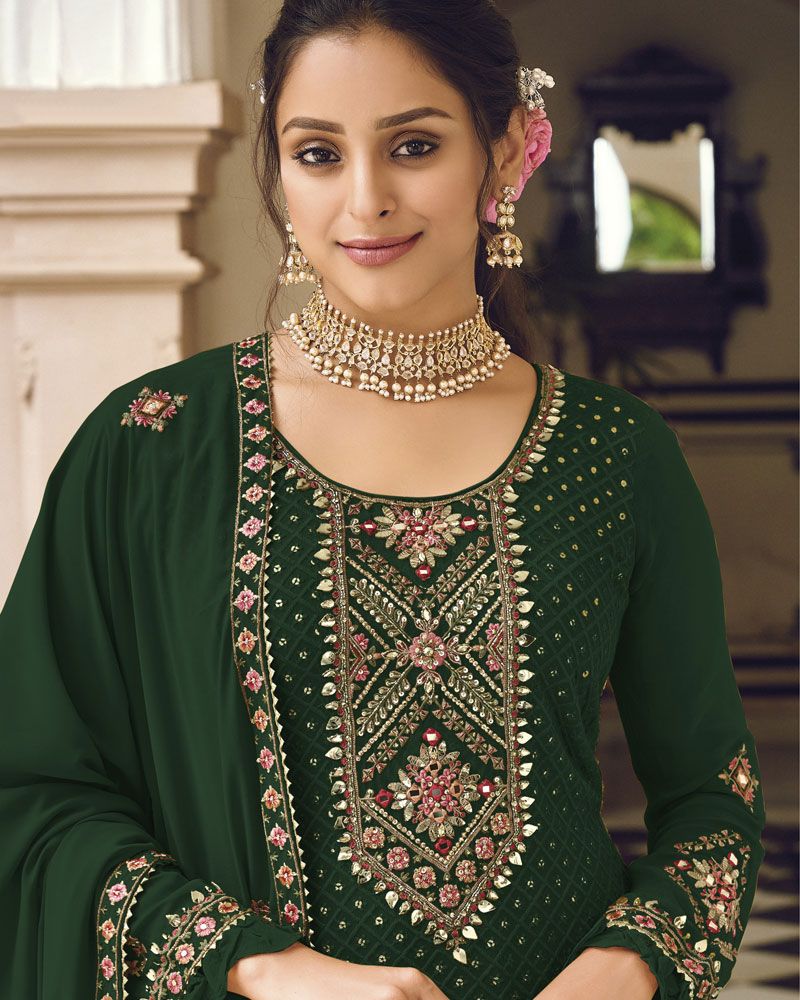 Green Embroidered Velvet Semi Stitched Salwar Suit