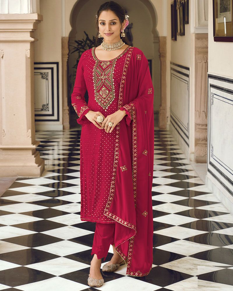 Red color banarsi silk dress materials,salwar kameez dupatta, unstitched  suit free size,front embroidery. : Amazon.in: Fashion
