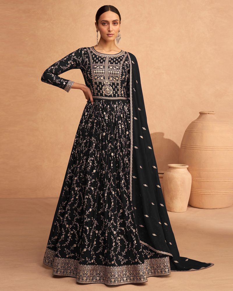 Buy Designer Black Stylish Long Anarkali Suit With Mirror Work Online -  SALA2380 | Appelle Fashion