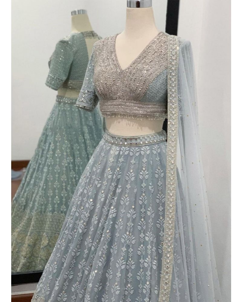 Sensational Grey Color Designer Net Embroidered Zari Thread Work Lehenga  Choli – Kirdaram