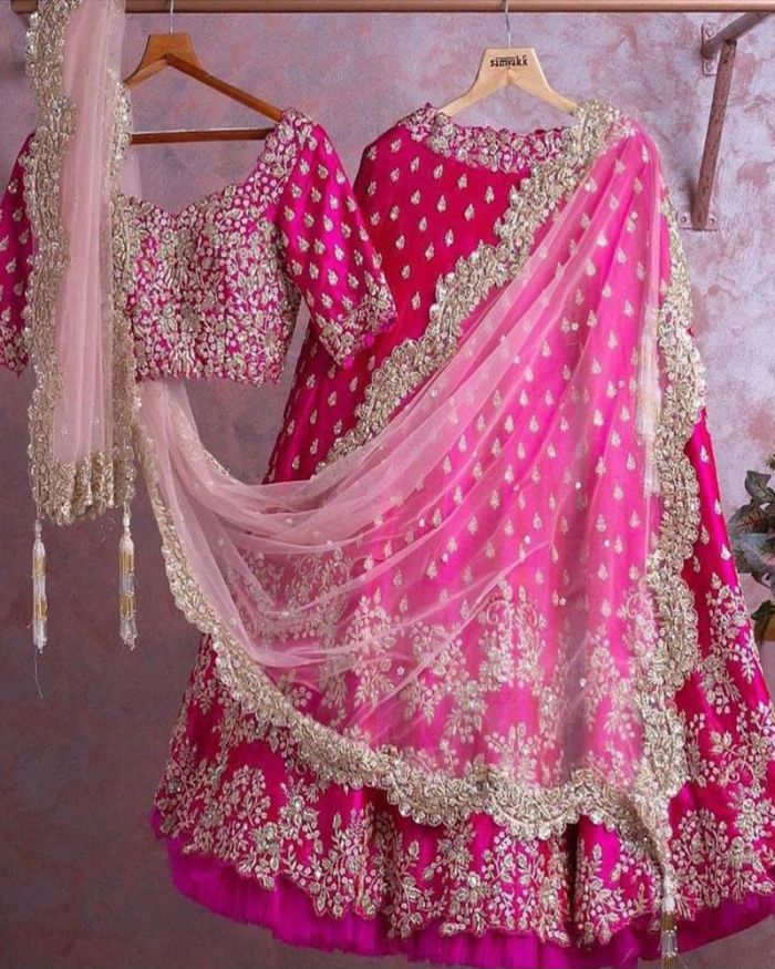 Buy Bright Pink Bandhani Printed Gajji Silk Bridal Lehenga Online | Samyakk