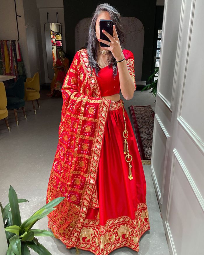 Buy Red And Golden Mirror Work Lehenga Online on Fresh Look Fashion