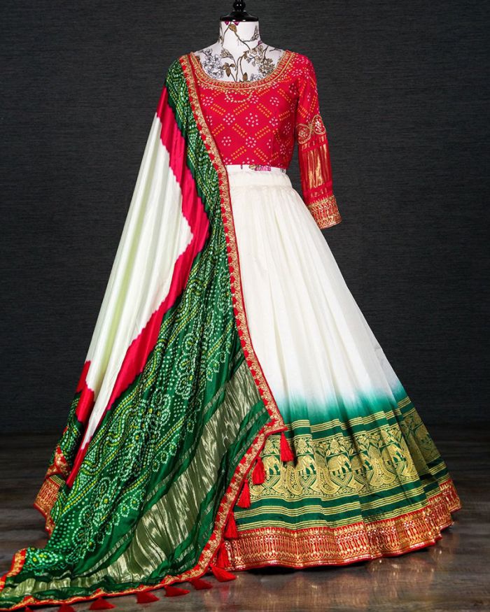 Off White and Rust Red Sequined Chinnon Lehenga Choli