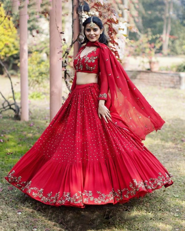 Indian Bridal Red Lehenga Choli with Golden Embroidery -
