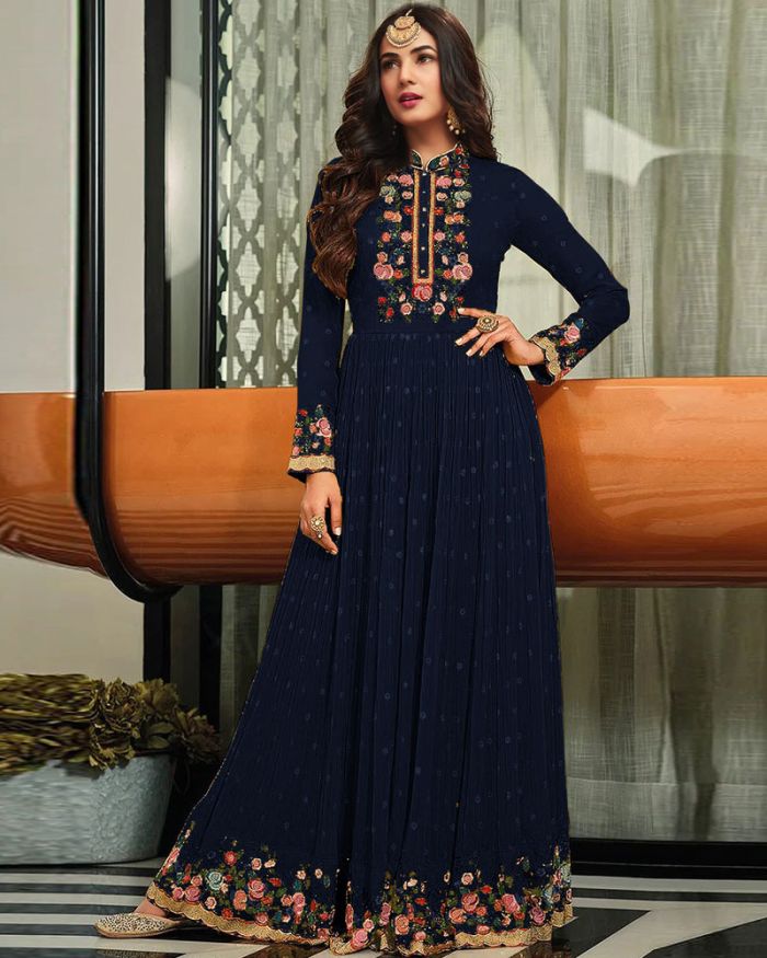 Blue Color faux Georgette With Embroidery Long Anarkali Suit – Joshindia