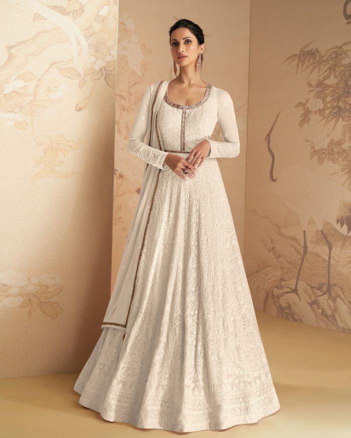 Beautiful Anarkali Gown with Bandej Dupatta in Mesmerizing White | JCS  Fashions